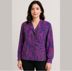 Vintage 80s/90s Blouse Blazer Long Sleeve Purple Gray Floral Vintage Button Down
